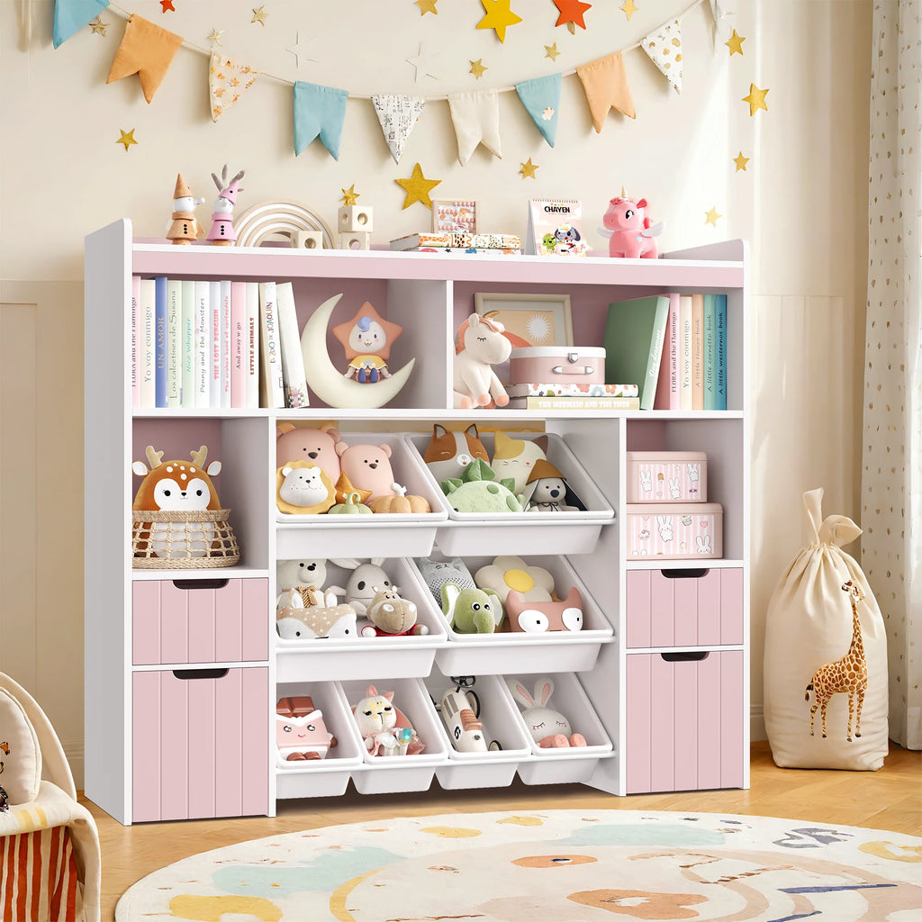 Homfa Kids Toy Storage Organizer with Cubby, Kids Toy Storage Chest with Removable Drawers, Kids Bookcase for Playroom Bedroom Living Room, Gray
