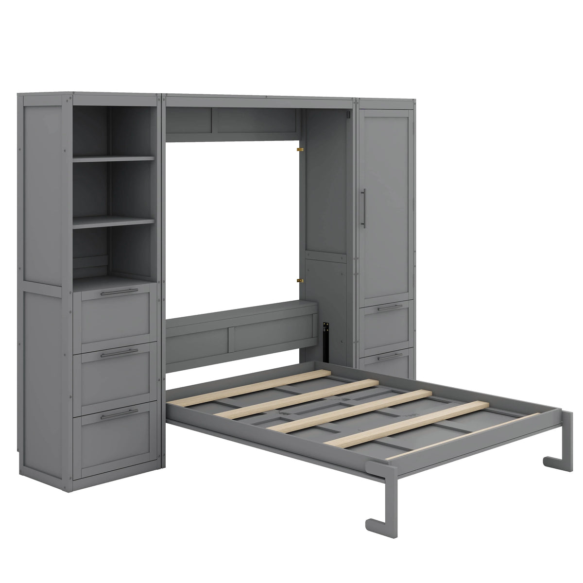 YunNianYang Queen Size Gray Murphy Bed Wall Bed with Closet ,Drawers and Shelves