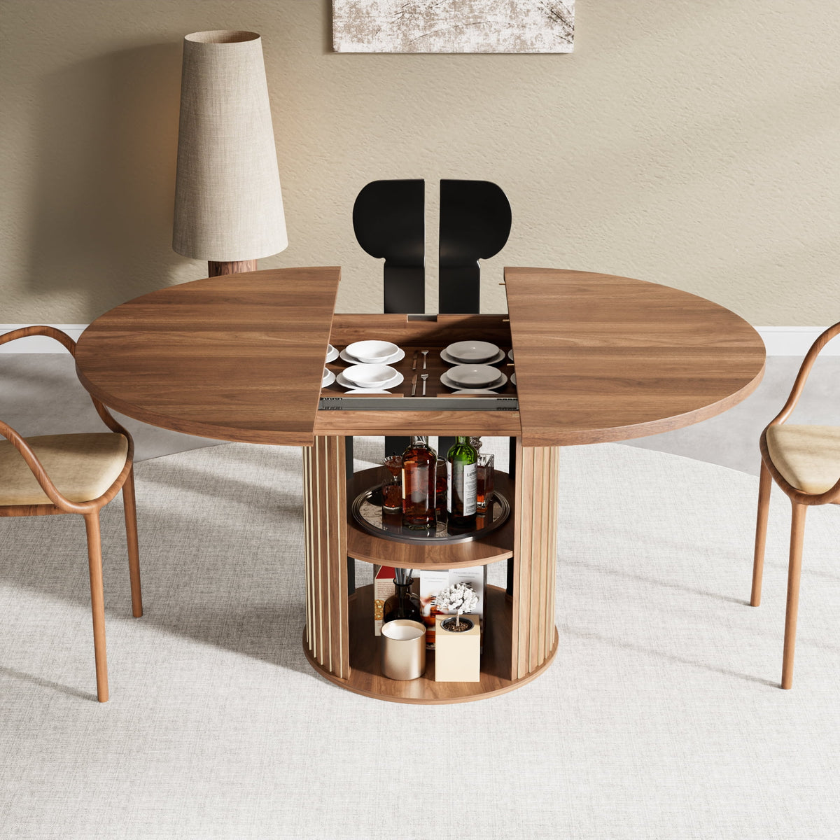 Extendable Dining Table for 4-6, Round Kitchen Table with Storage Shelf, Oval Dining Tables for Living Room (Walnut)