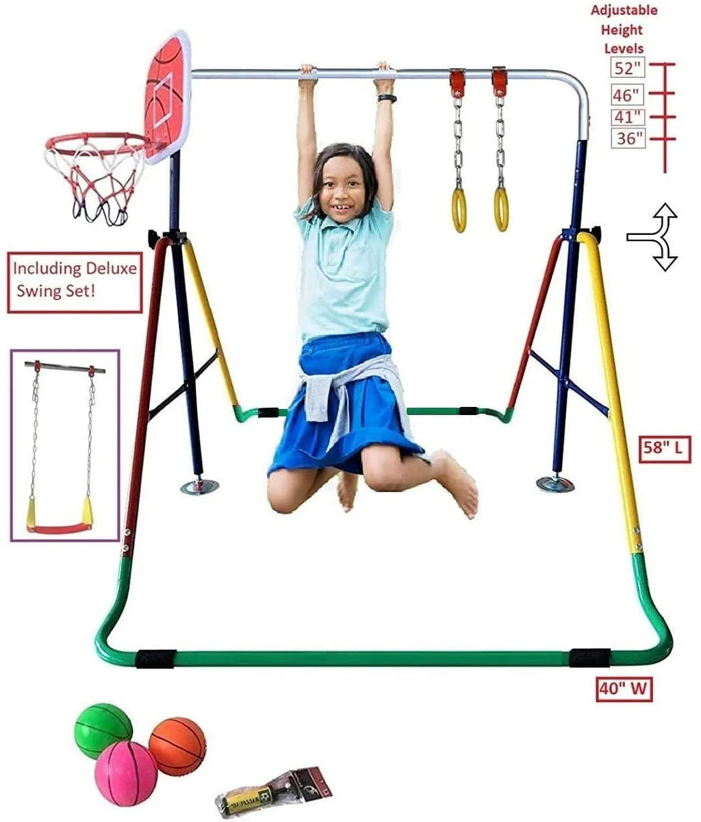 Adjustable Height Gymnastics Bar for Kids Kip Bar 6 in 1 Set, 6'x2' Gymnastic Tumble Mat, Swing Seat, 2 Trapeze Rings, Basketball Hoop, Home Junior Training Monkey Bars Fitness Balance Horizontal Bar