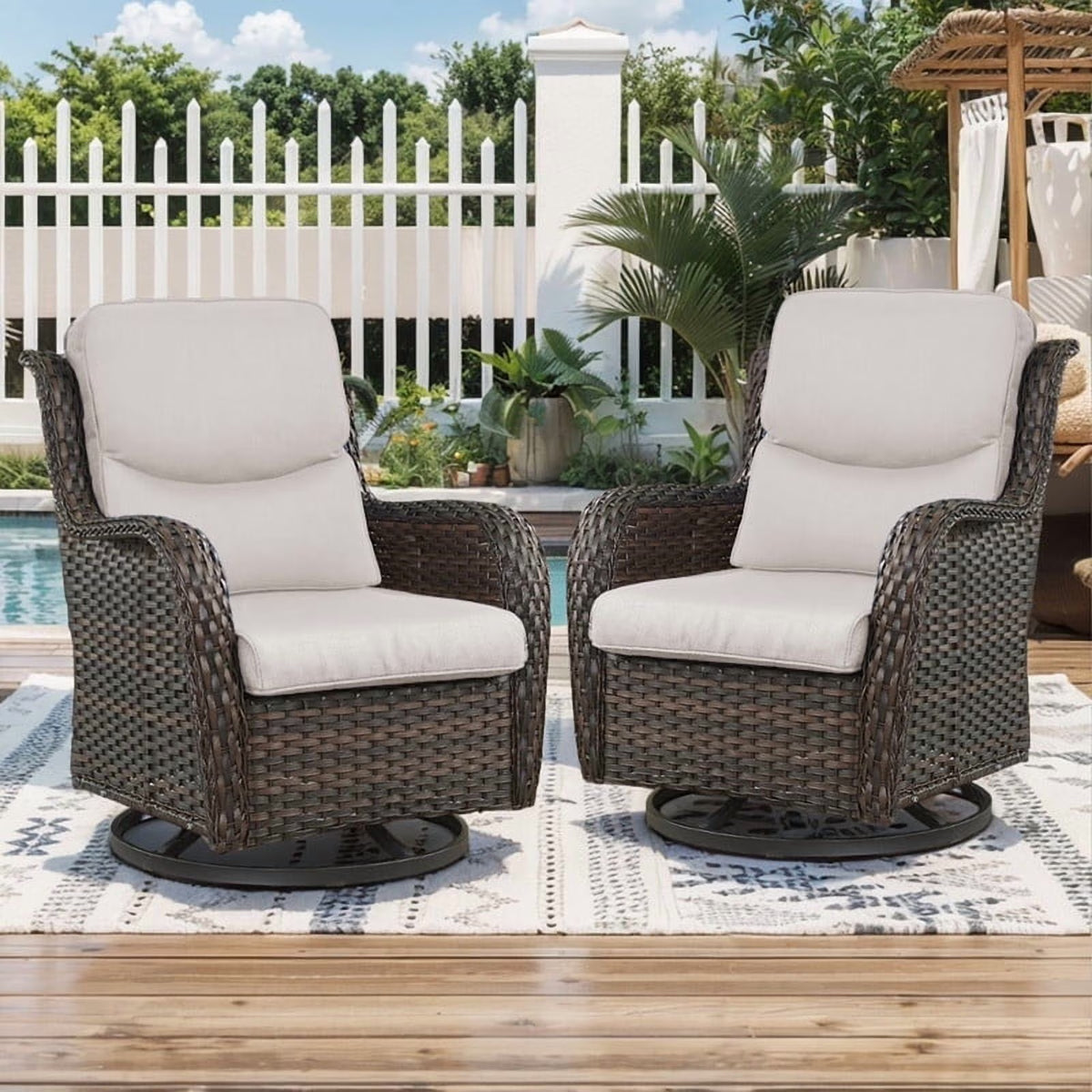 POCASSY Patio Swivel Chairs, Outdoor Wicker Swivel Glider Rocking Chairs with High Back and Thick Cushions for Porch Deck - Set of 2, Beige