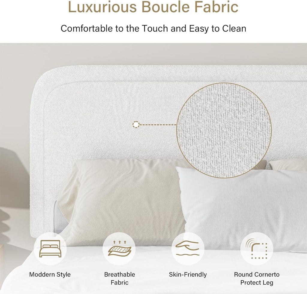 4 EVER WINNER Twin Size Bed Frame, Modern Bed Frame with Headboard, Boucle Fabric Upholstered Bed Frame, Soft Curved Headboard, Cream