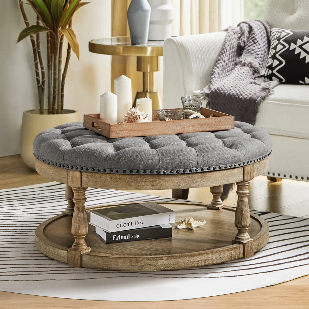 36'' Wide Blue Round Large Ottoman Tufted Coffee Table with Storage Wood Legs Home Living Room