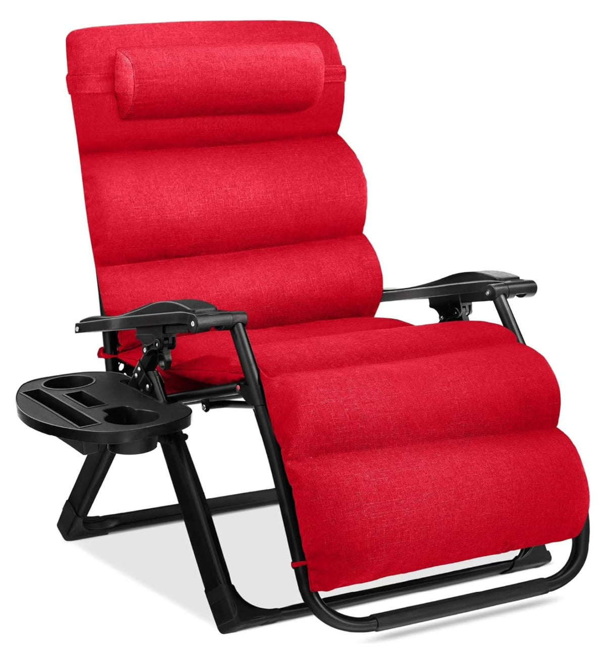 Oversized Chair, Folding Outdoor Patio Recliner, XL Anti Gravity Lounger w/Removable Cushion, Cup Holder, Side Tray, 350lb Capacity - Taupe