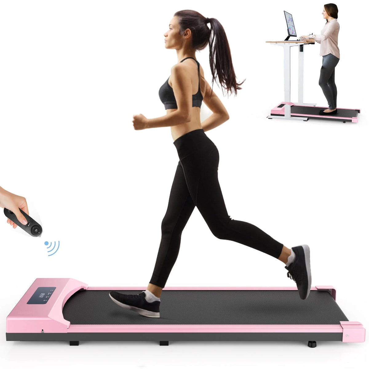 Adnoom Under Desk Treadmill,2.5HP Installation-Free Slim Flat Compact Treadmill,Electric Quiet Walking Treadmill with LED Display and Wireless Remote Control for Home/Office (pink)