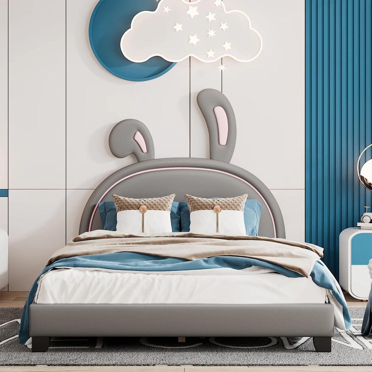 Euroco Upholstered Full Size Platform Bed, PU Cartoon Bunny Bed for Kids, Gray