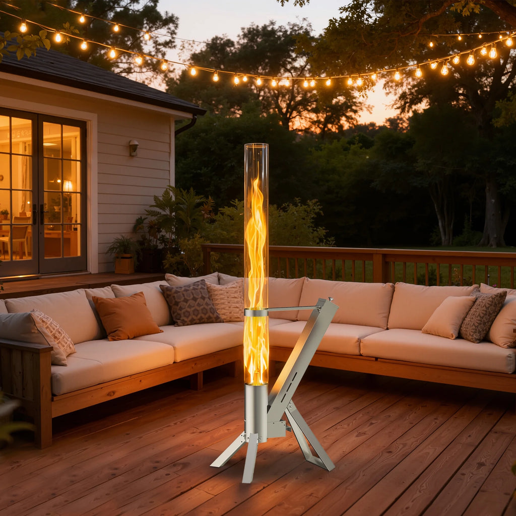 Enyopro 2 Piece Outdoor Smokeless Pellet Heater, Portable 430 Stainless Steel Glass Tube, Patio Pellet Torch with Tripod, Upgraded Ashtray, Eco-Friendly Wood Heater for Backyard, Patio, Camping