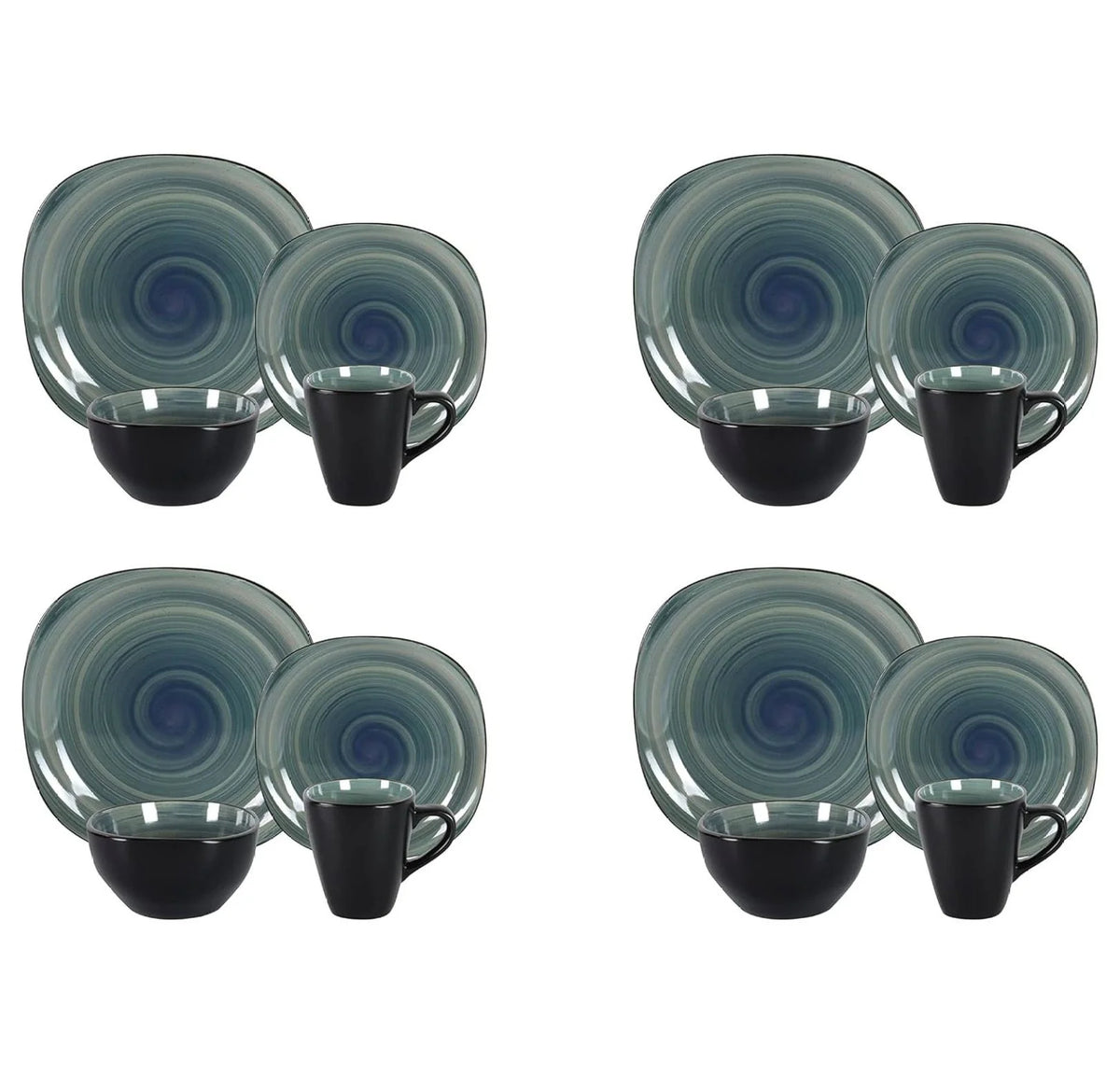 Stoneware Square 16pc Dinnerware Set, Inside Spinwash Swirl Orange + Outside Black