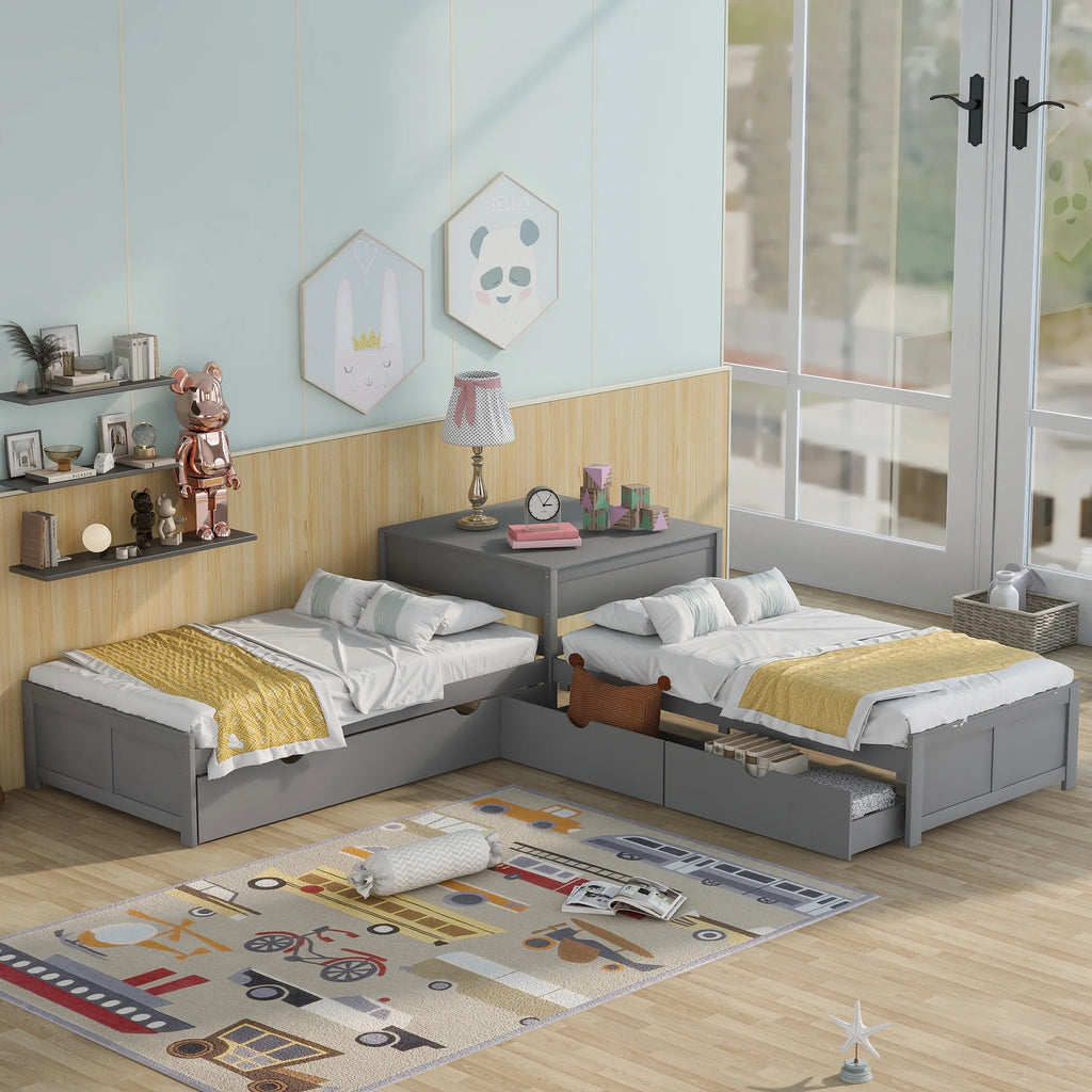 Euroco Wood Twin Size L-Shaped Platform Bed with Square Storage Table for Kids Teens, 2 Platform Beds with Trundle and Drawers for Living Room, 3 Twin Beds, Gray