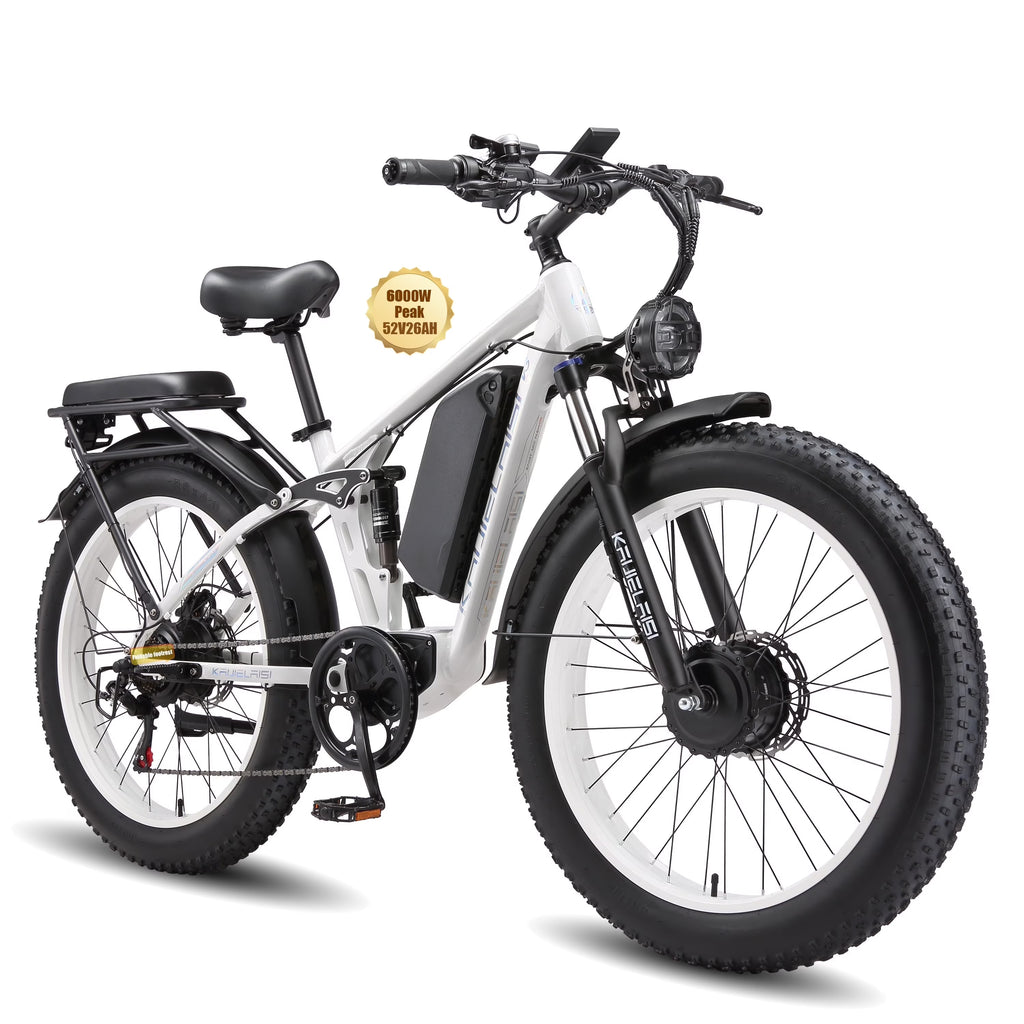KAIJIELAISI Electric Bike for Adults,AWD Ebikes Dual Motor Peak 6000W, 26'' Fat Tire bikes with 52V 26AH Battery Hydraulic Brake Electric Bicycle, 7 Speed Mountain EBike UL 2849.