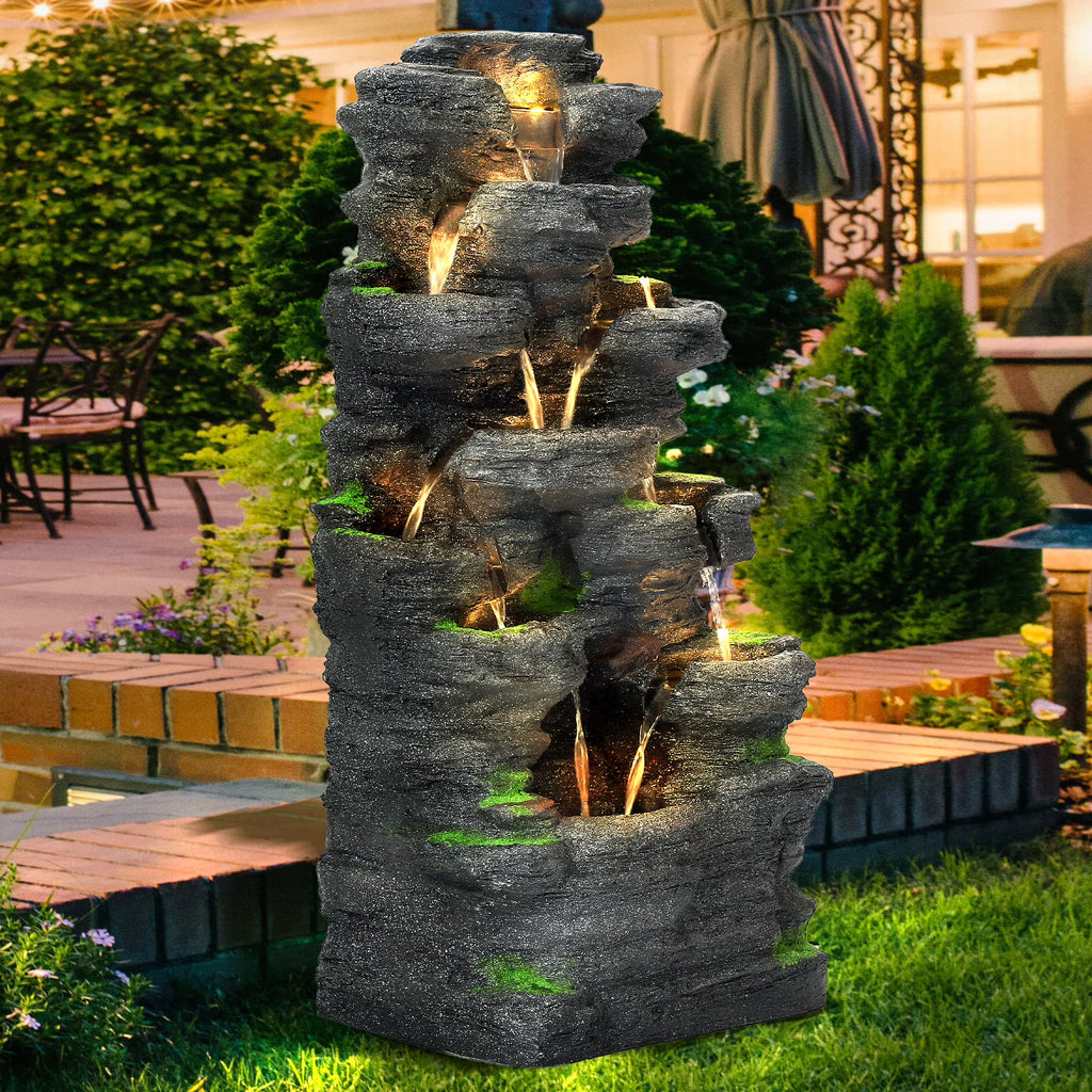Magic Union 7-Tier Cascading Rock Water Fountain, 24" H Outdoor Freestanding Fountain with LED Lights and Pump, Outdoor Garden Waterfall Decor for Patio, Yard and Deck Decor, Natural Stone Look