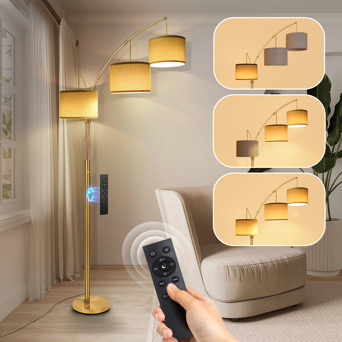 Netin 80 3-Light Modern Dimmable Black Arc Floor Lamp with Beige Shades