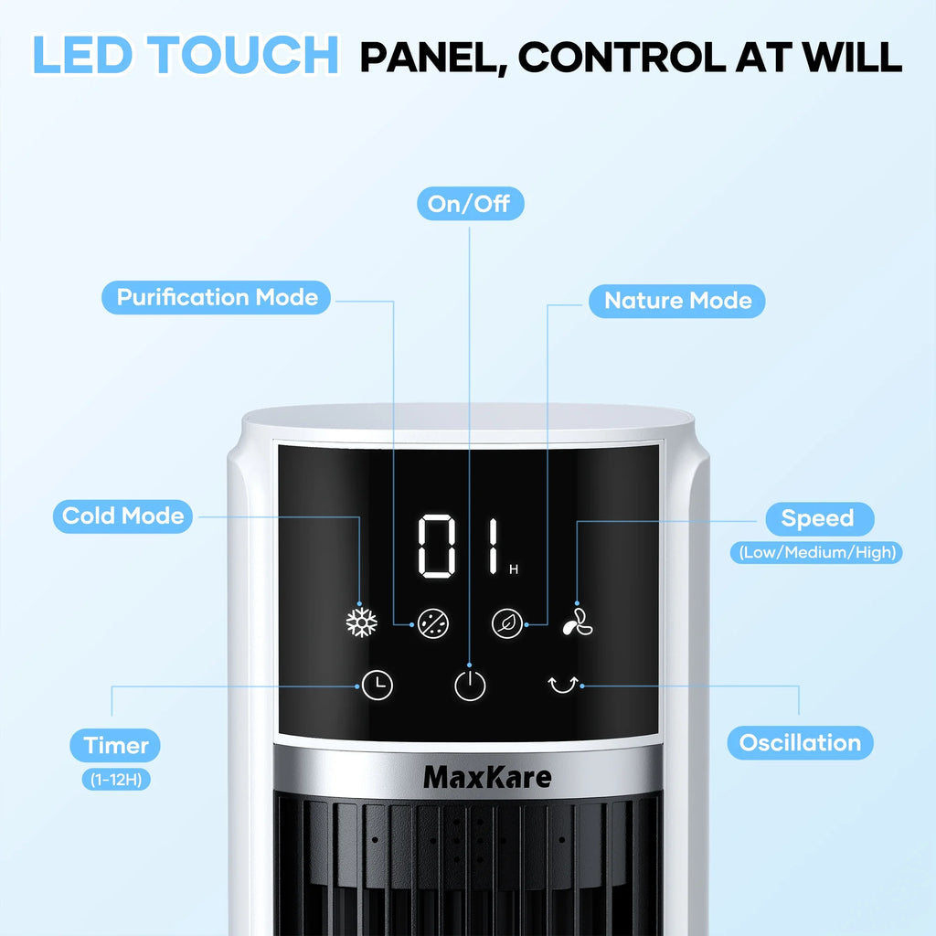 MaxKare 40" Evaporative Air Cooler, 3 Modes, 12H Timers, Oscillating Tower Fan White