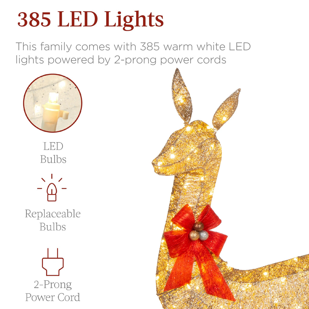 Best Choice Products 6.5ft 3-Piece Lighted Christmas Deer Set Outdoor Yard Decoration w/ 385 LED Lights, Stakes - Gold