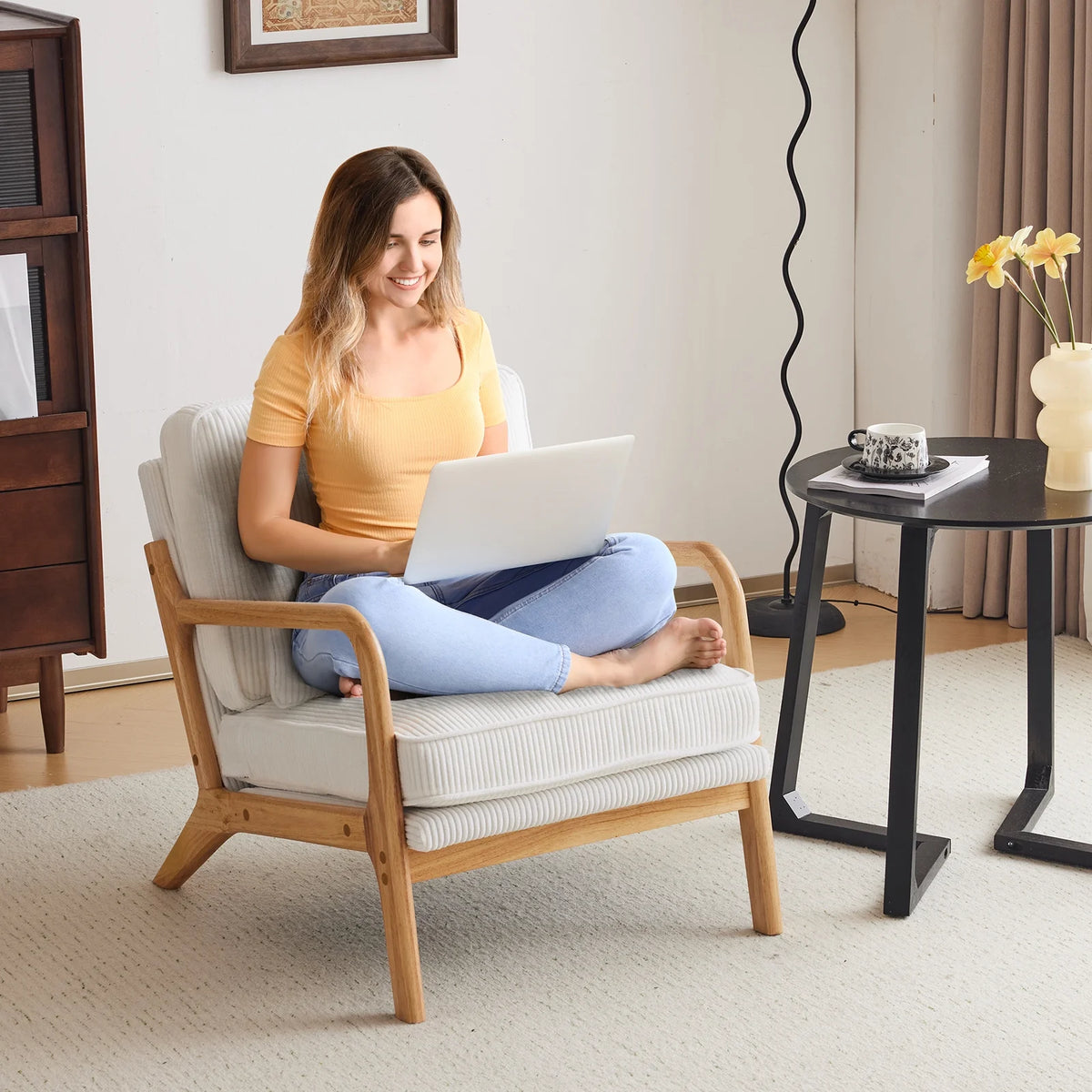 Ktaxon Accent Chair Corduroy Upholstered Armchair, Reading Club Chair with Pillow and Solid Wood Frame for Living Room Bedroom Furniture Off White