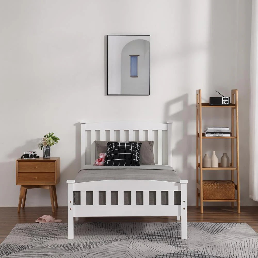Ktaxon Twin Bed Frame,Solid Pine Wood Kids Twin Platform Bed Frame, Bedroom Twin Bed with Headboard for Adults, White, 78.94 L*42.44 W*39.17 H