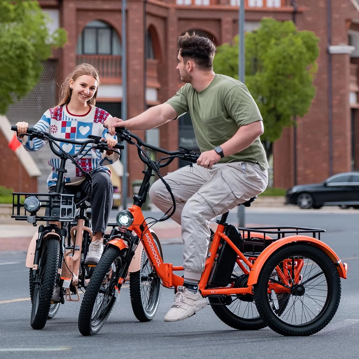 MOONCOOL TK1 Folding Electric Tricycle for Adults,48V 14.5Ah Removable battery, 500W Peak 1000w Motor, 20" Fat Tire Step-Thru 3Wheel Electric Bicycle w/Front&Rear Baskets, Certified to UL 2849 by SGS