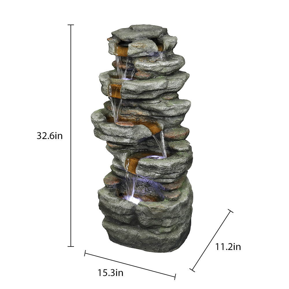 32.6-inch Rock Water Fountain with LED Lights Outdoor Waterfall for Garden and Patio Decor