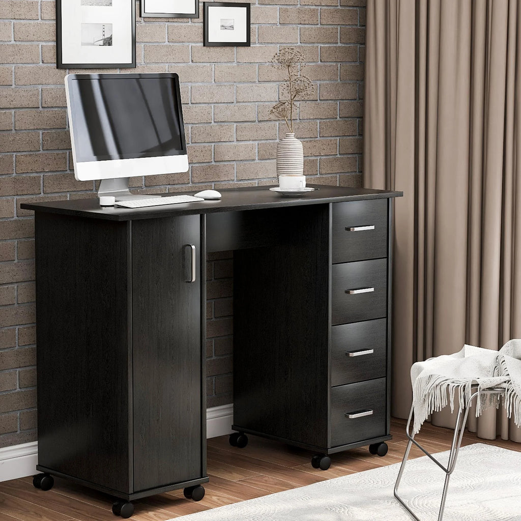 Sesslife White Computer Desk, Writing Desk with Lockable Wheels Modern Wood Study Desk with 4 Drawers for Home Office Workstation