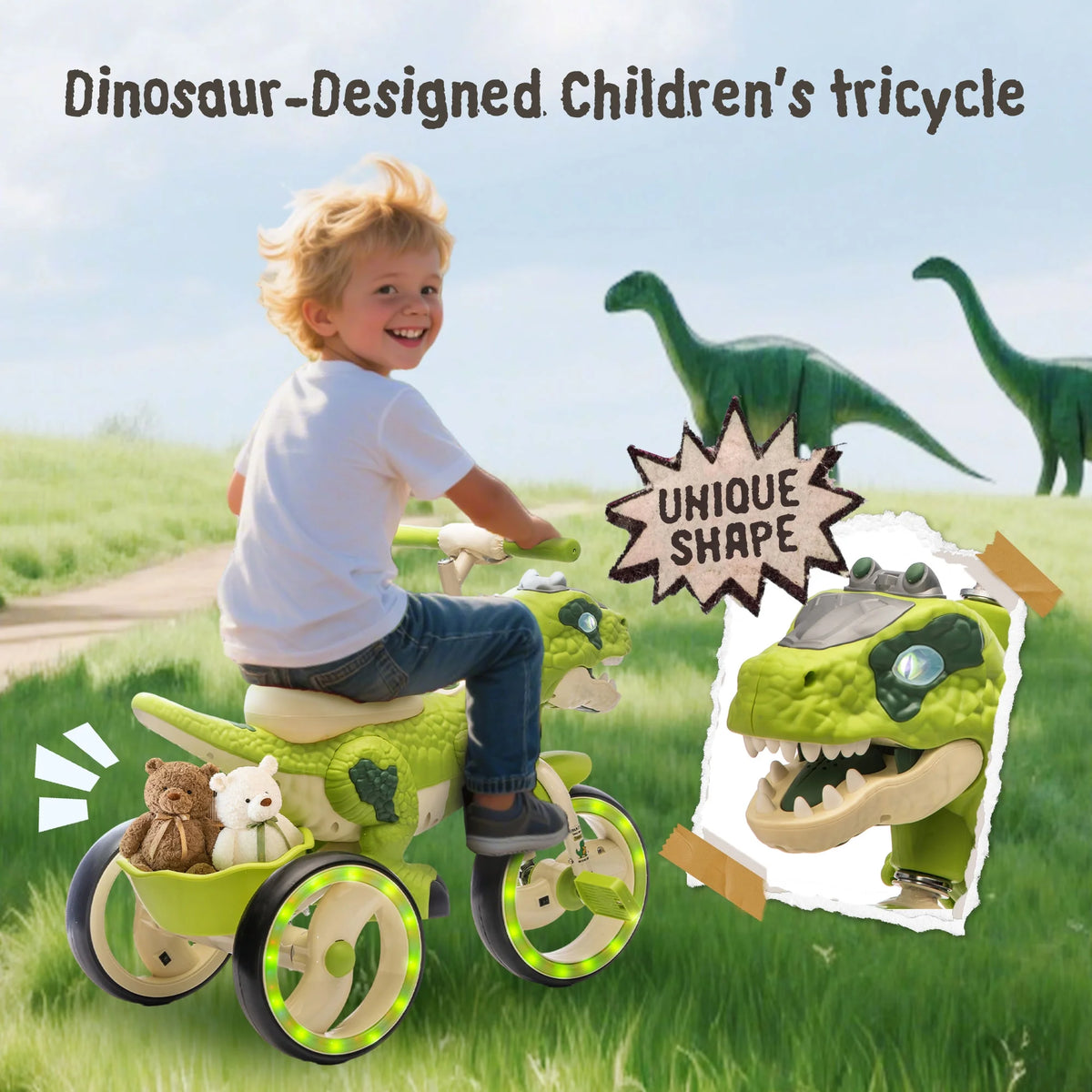 Xuanlur Kids Ride on Dinosaur Tricycle, Toddlers Kid Trike with Wide Flash Wheels, Anti-Slip Pedals, Rear Basket, Music & LED Lights, Toddler Bike Toys Gift for 3-6 Year Old Boys & Girls (Green)