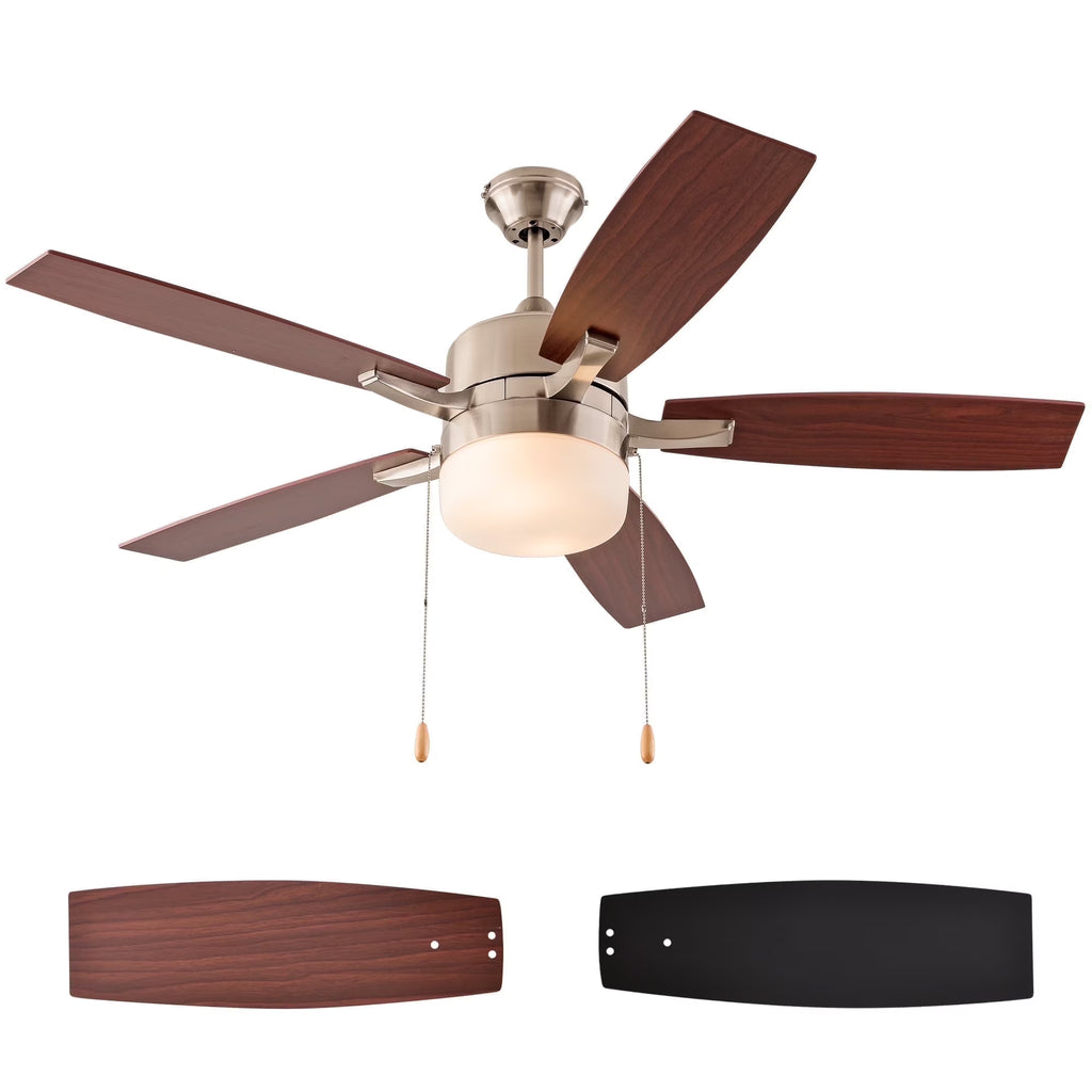 Simpol 52" Prominent Indoor Ceiling Fan with LED Light, Pull Chain and Remote Control, Reversible AC Motor, Walnut/Silver Reversible Blades and Satin Nickel Finish