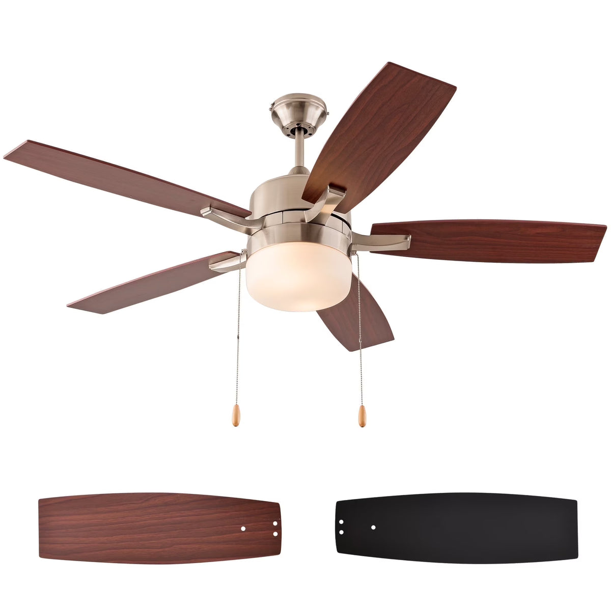 Simpol 52" Prominent Indoor Ceiling Fan with LED Light, Pull Chain and Remote Control, Reversible AC Motor, Walnut/Silver Reversible Blades and Satin Nickel Finish
