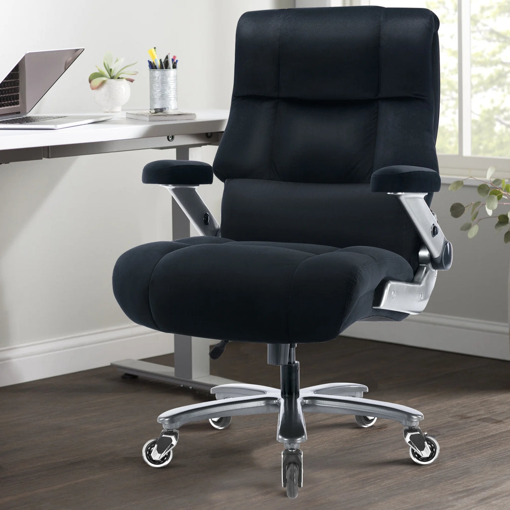 Big and Tall 700lbs Office Chair, Ultra-Soft Fabric Executive Desk Chair, Ergonomic Computer Chair with 3D Flip Up Arms, Adjustable Lumbar Support, Heavy Duty Metal Base and Quiet Rubber Wheel, Black