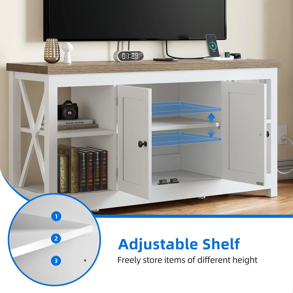 DWVO Farmhouse TV Stand with Built in Power Outlet, Entertainment Center with Storage, Wood TV Media Console for Living Room, White