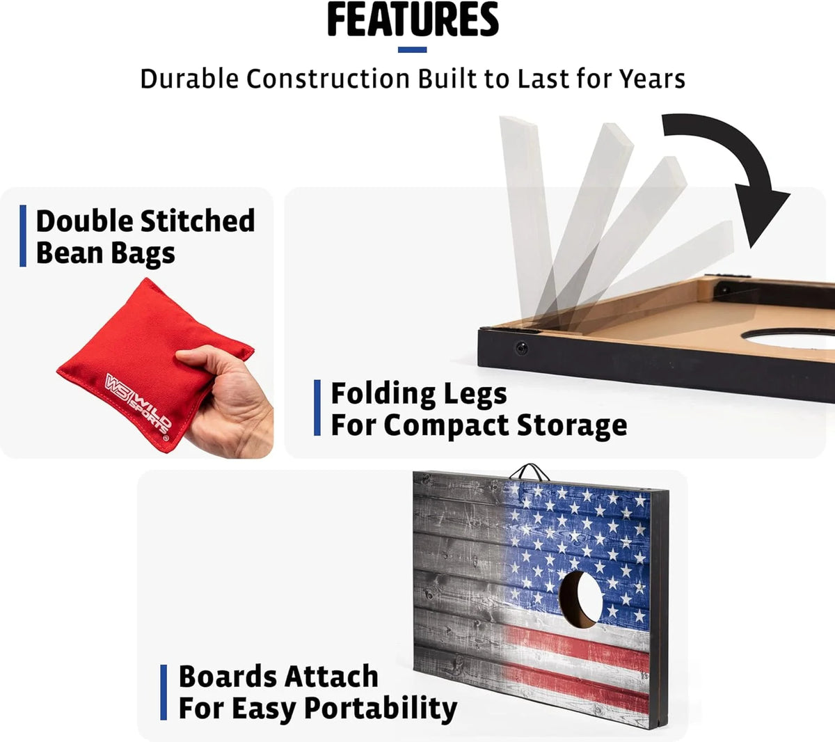 Wild Sports 2'x3' Cornhole Outdoor Game Set, USA Flag or Natural Wood Options with Carry Bag Included