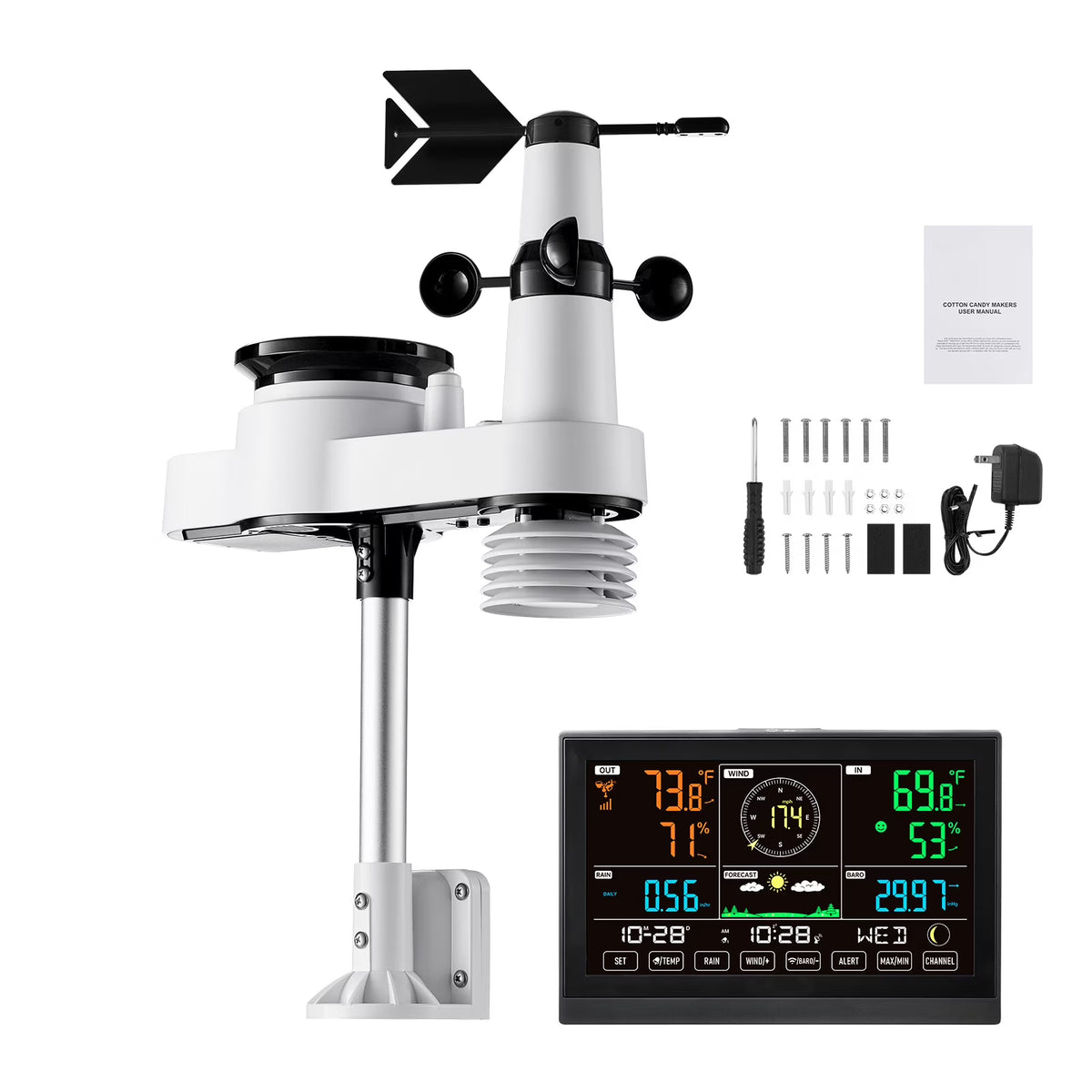 KFFKFF 5-in-1 Wireless Weather Station with 7.5-Inch VA Display, Solar-Powered Outdoor Sensor, Rain Gauge, and Indoor/Outdoor Monitoring for Weather Forecast, Temperature,Humidity,Wind Speed(No WiFi)
