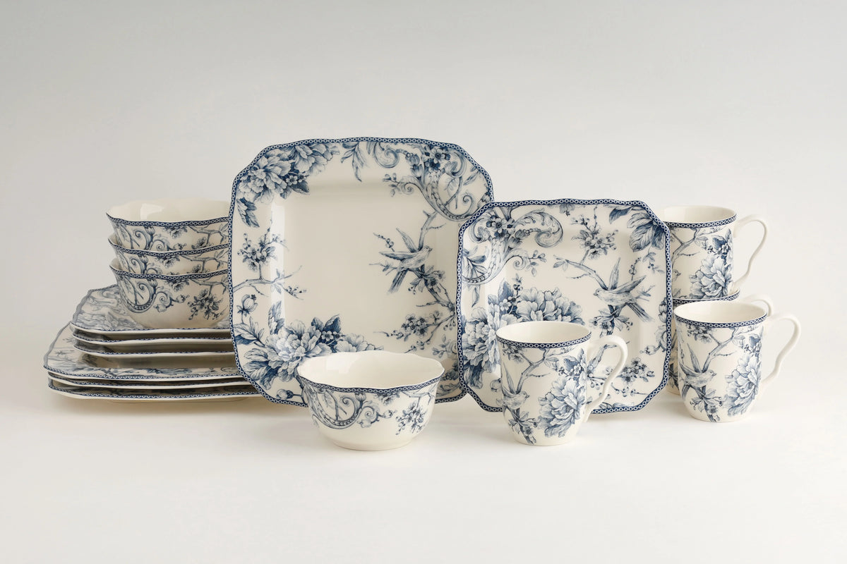 222 Fifth Adelaide Round 16-Piece Porcelain Dinnerware Set, Black Toile