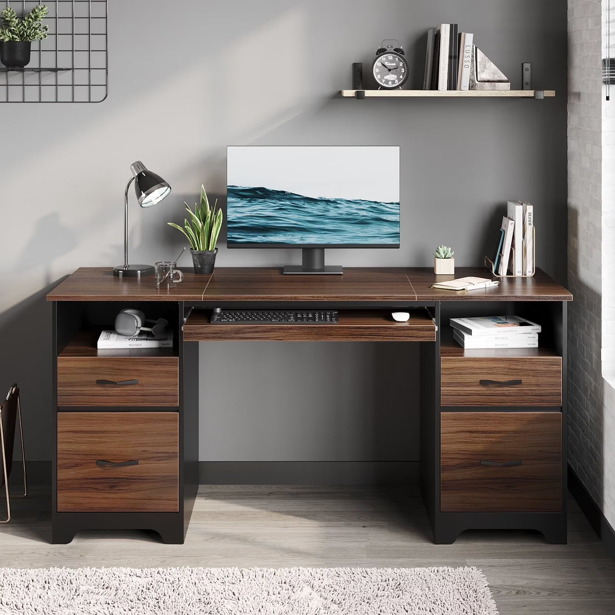 Bestier 59 Computer Desk with 4 Drawers, Office Executive Desk with File Drawer, Keyboard Tray for Home Office, Gray