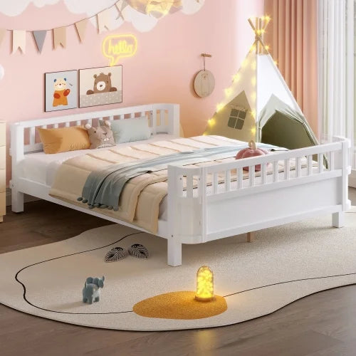 Bellemave Full Size Bed Frame, Full Montessori Bed with Safety Guardrails and Detachable Fence, Wood Full Daybed Frame, Low Profile & Rounded Corners Design, Natural