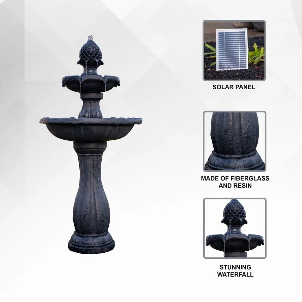 XBrand 44" H Black Fiberglass/Resin 2-Tier Solar Water Fountain w/ Solar Panel and Auto-Shut Off Pump, Solar Garden Fountain, Tall Outdoor Fountain, Two Tiered Birdbath Fountain