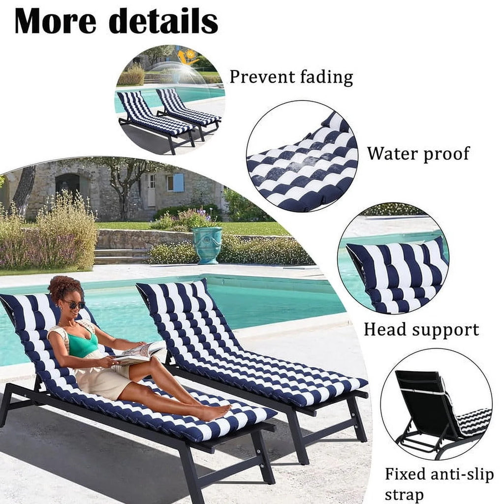 2pcs Outdoor Chaise Lounge Cushions, Waterproof Patio Foldable Chair Cushion for Garden Pool, 73 x 24in Sun Lounger Cushions for Outdoor Furniture Navy blue