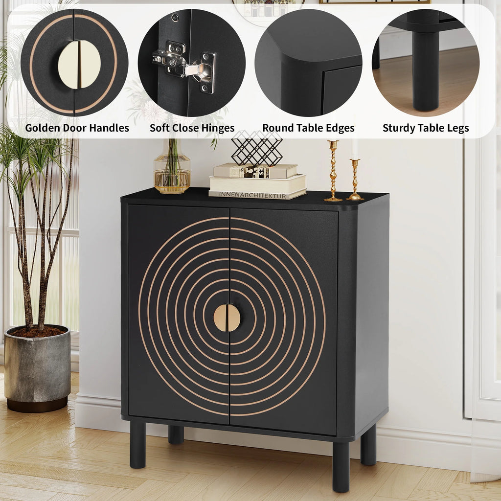Accent Cabinet with Round Carved Line Door for Entryway Hallway, Walnut Sideboard Buffet Cabinet, Storage Cabinet with Adjustable Shelves for Living Room
