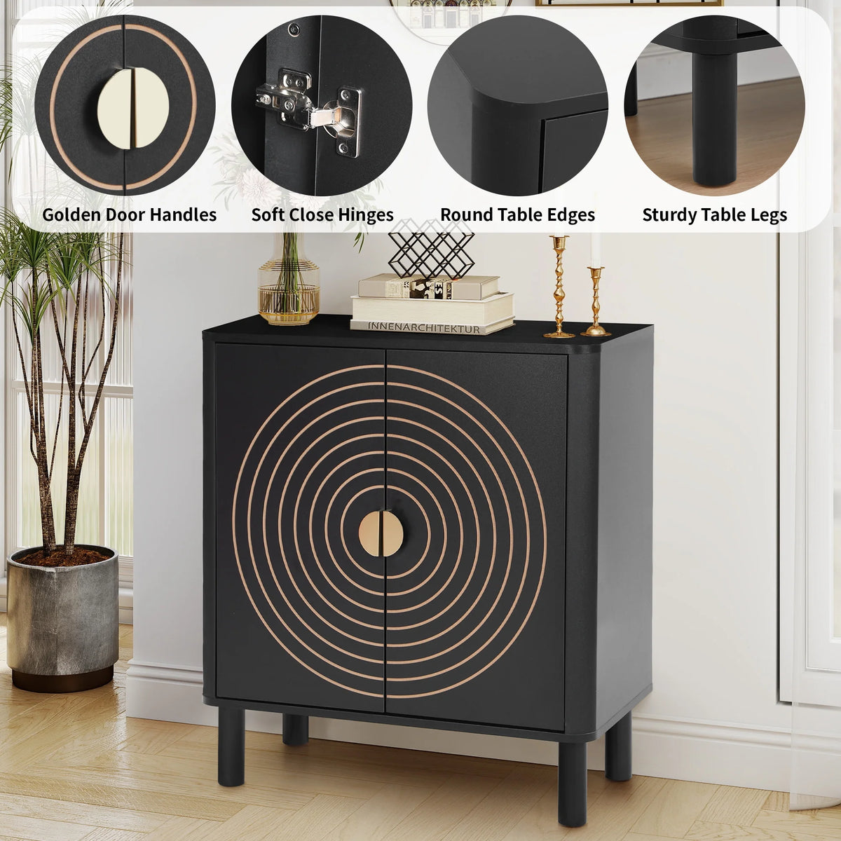 Accent Cabinet with Round Carved Line Door for Entryway Hallway, Walnut Sideboard Buffet Cabinet, Storage Cabinet with Adjustable Shelves for Living Room
