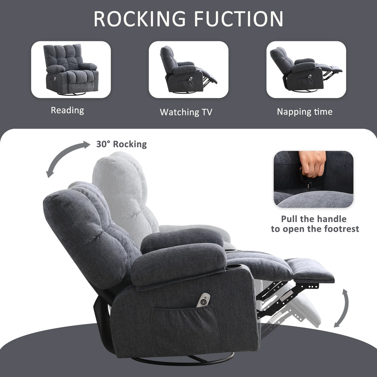 JONPONY Manual Recliner Chair with Heat Therapy and Massage Function, Heavy Duty Reclining Mechanism Massage Chair, Elderly Single Rocker Sofa with Cup Holders for Bedroom Home Theater,Grey
