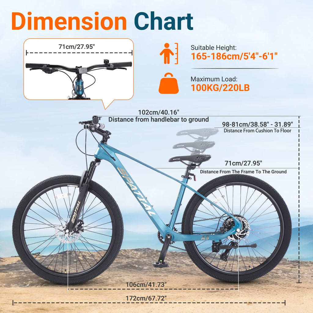 SPATIAL 24/26/27.5/29 inch Mountain Bike,8/21 Speed Lightweight Aluminum Magensium Frame Mountain Bicycle,Fits Men Women Teenagers Adult Disc Brake MTB Bicycle