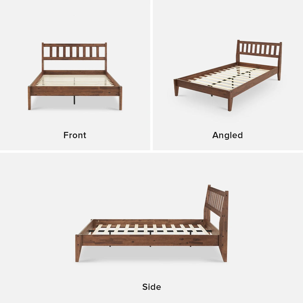 Mopio Ted Queen Bed Frame with Headboard, Full Size Bed Frame, Mid Century Modern Acacia Solid Wood Platform Bed Frame, Wooden Bed Slats, No Box Spring Needed, Double Metal Bar Support, Walnut
