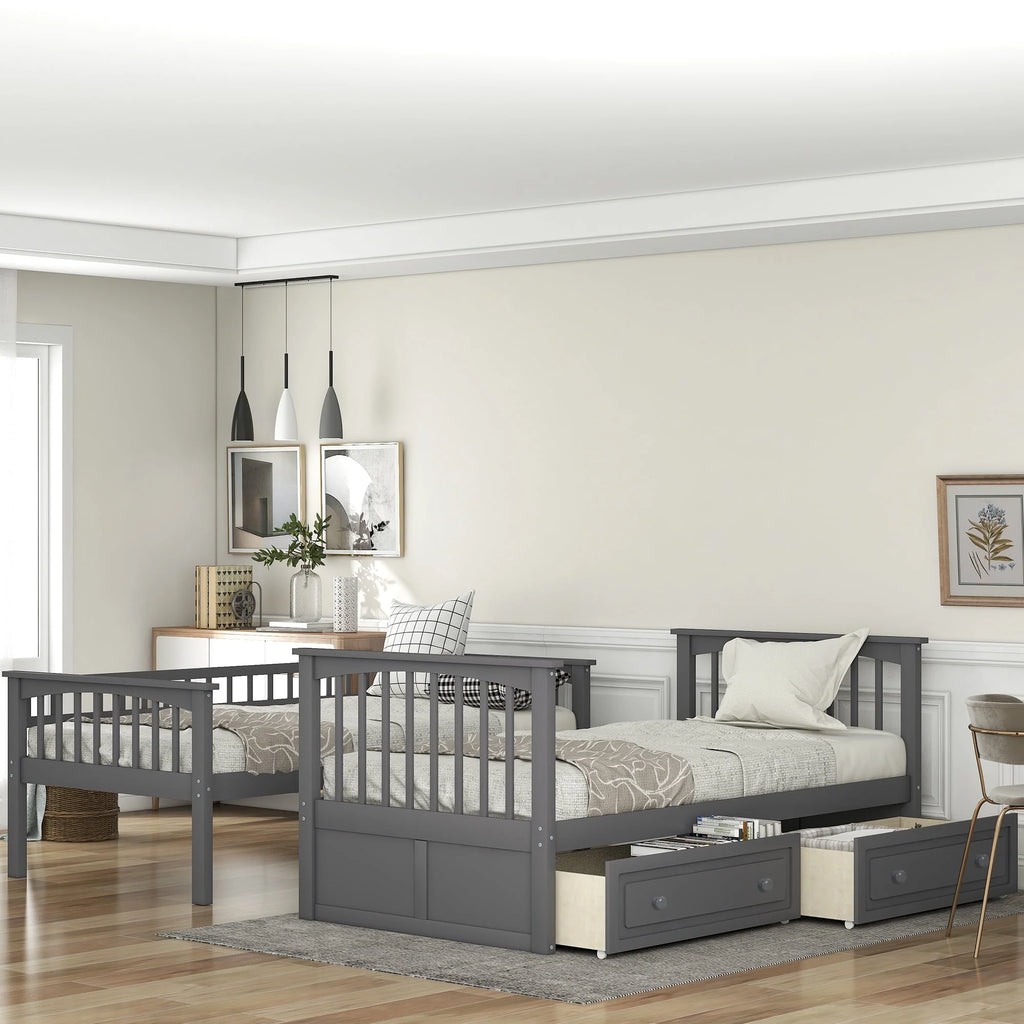 Euroco Pine Wood Bunk Bed with Storage 2 Drawers, Twin-over-Twin Bunk Bed with Safety Rail and Ladder for Kids, Conveted into 2 Single Beds, Sapce-Saving Design, Gray