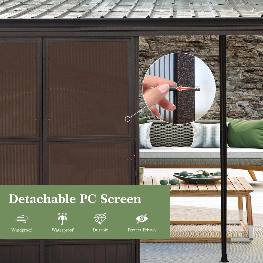 TOTAL Outdoor 10'x12' All-Season Sunroom Gazebo with Steel Roof, PVC Screen, Front & Side Door, Brown