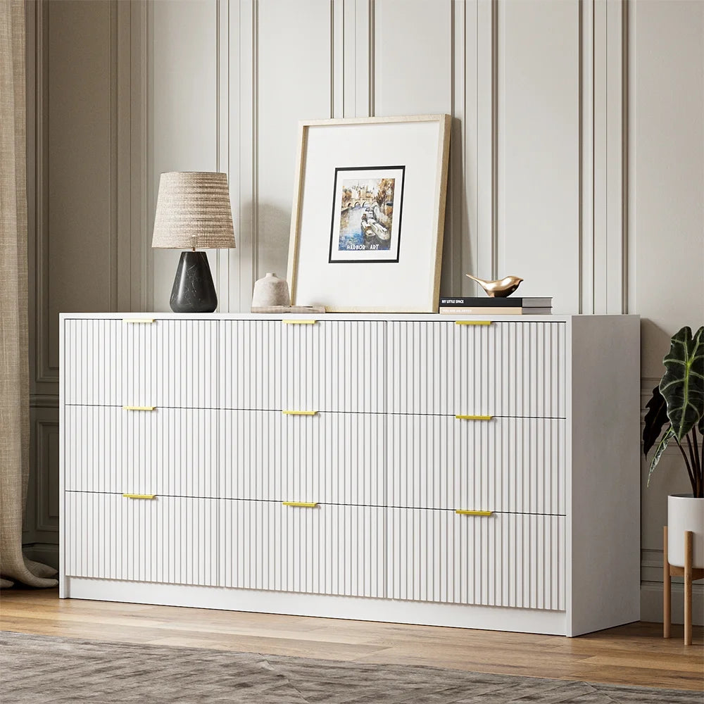 Furniway Fluted Large 9-Drawer Black Dresser