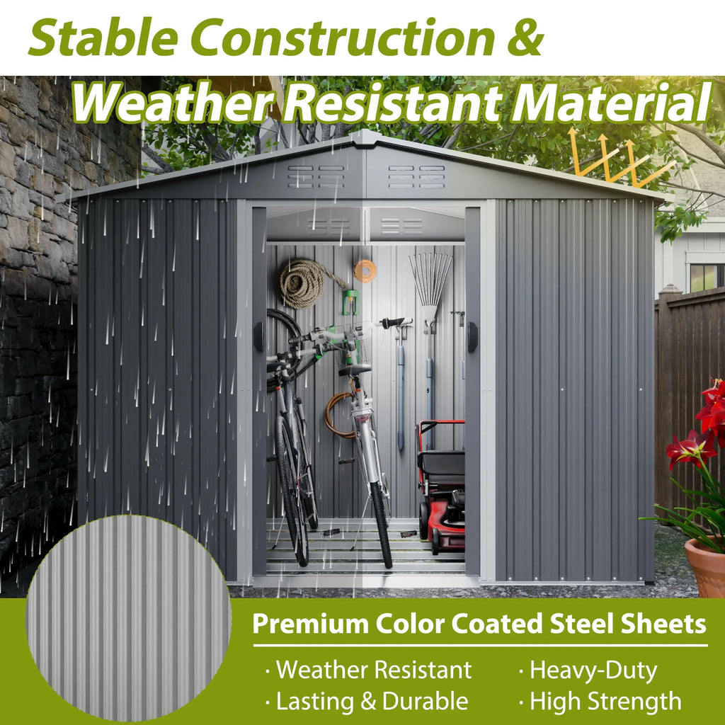 LZBEITEM 10 x 10 ft Outdoor Storage Shed with Floor Frame Kit, Galvanized Steel Garden Sheds, Garden Tool Shed with Double Lockable Doors for Backyard Patio Lawn, Grey