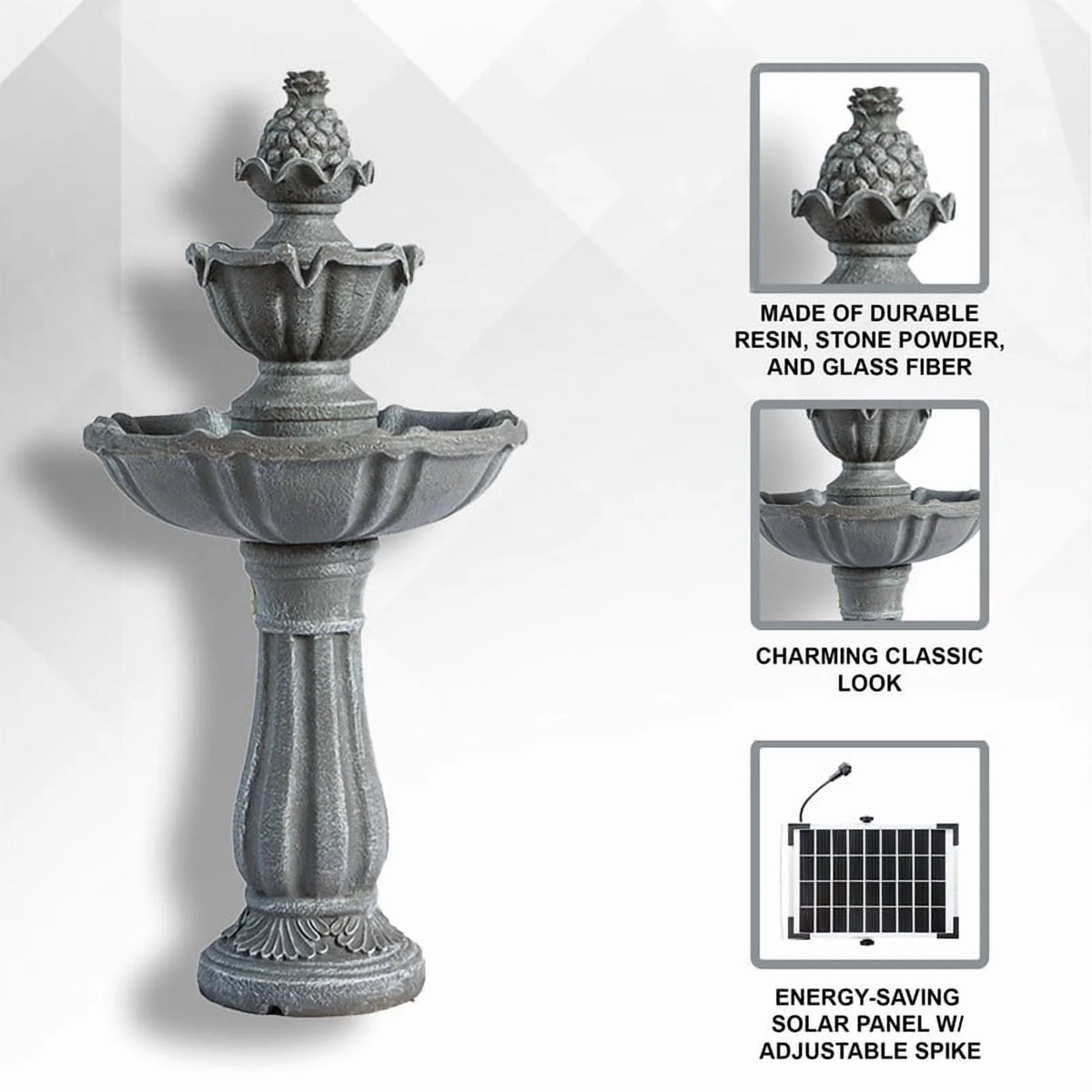 XBrand 36.2" 2-Tier Outdoor Freestanding Solar Water Fountain - Classic Design, Grey Resin Bird Bath with Pump - Ideal for Yard, Lawn and Garden, Porch Dcor