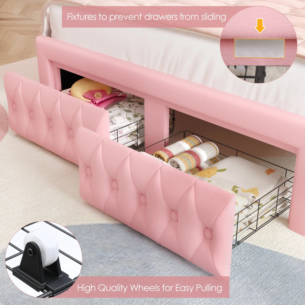 Hiphuta Modern Queen Bed Frame with 2 Drawers, LED Lights Platform Bed Frame, Sturdy Beds Frame with Upholstered Button Tufted Headboard, Velvet White