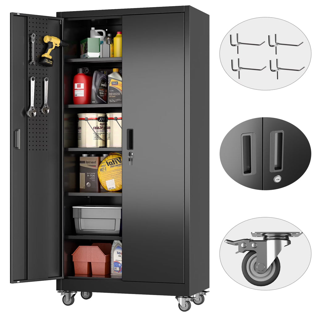GANGMEI 72 Inches Tall Metal Garage Storage Cabinets with 5 Adjustable Shelves, Lockable Steel Black Storage Cabinet with Doors for Office, Home, School, Shops, Garage, Assembly required
