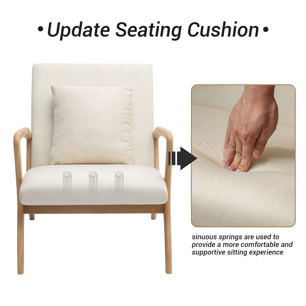 July's Song Mid-Century Modern Accent Chair,Living Room Linen Read Arm Chairs with Cushion,Wood Frame Armchair for Bedroom,Beige