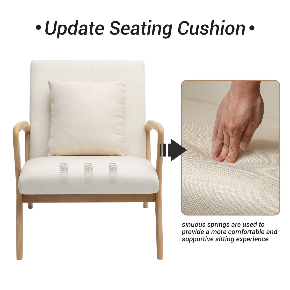 July's Song Mid-Century Modern Accent Chair,Living Room Linen Read Arm Chairs with Cushion,Wood Frame Armchair for Bedroom,Beige