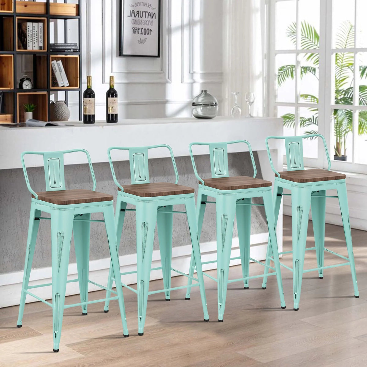 Andeworld Bar Stools Set of 4 Counter Height Stools Industrial Metal Barstools with Wooden Seats( 24 Inch, Distressed Green Blue)